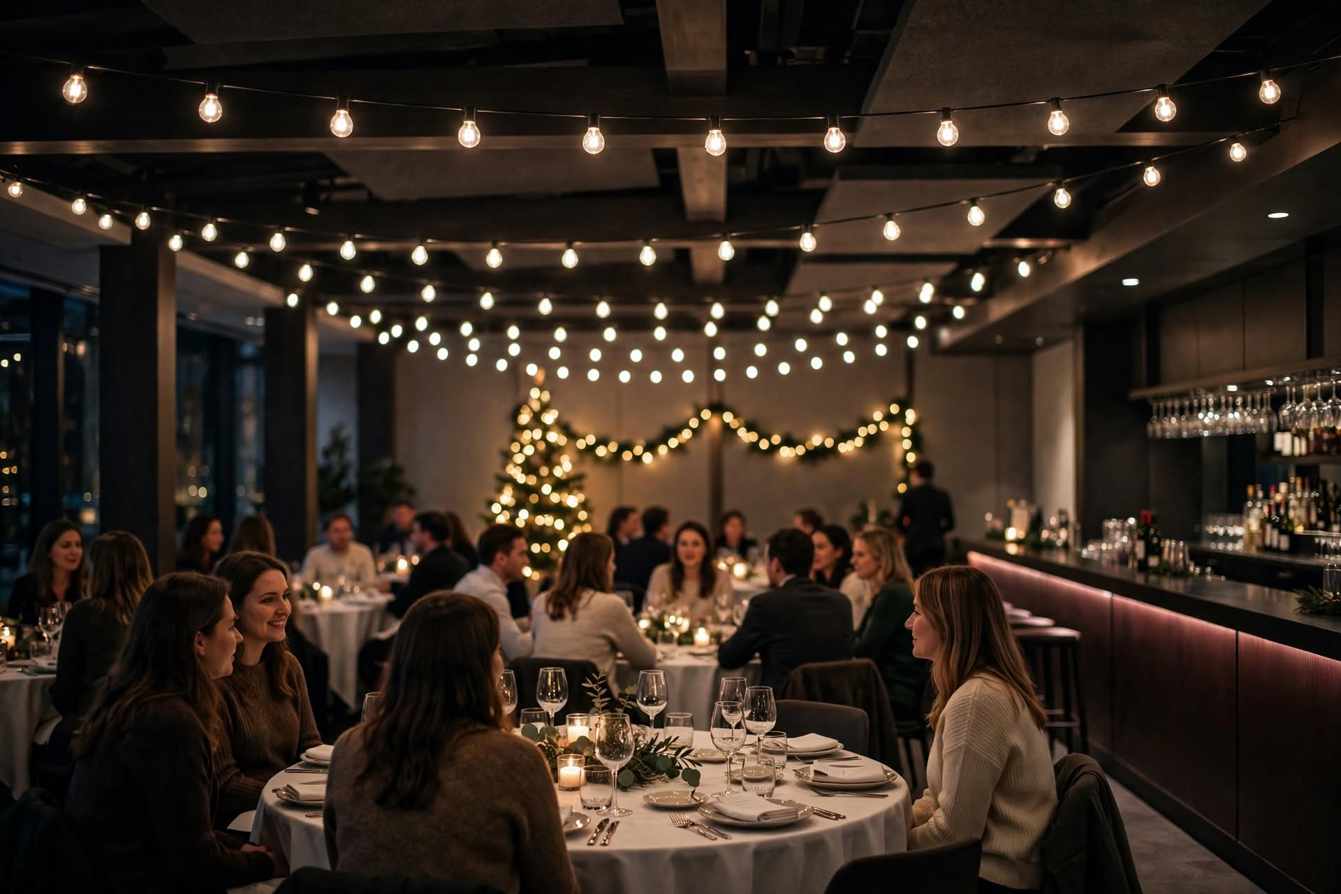 Guests at dinner tables under festoon lights with a lit Christmas tree and garland