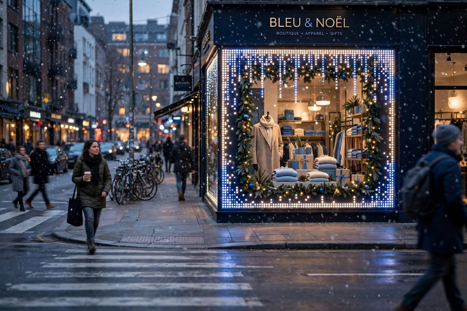 Christmas boutique window framed by white and blue pixel LEDs in falling snow