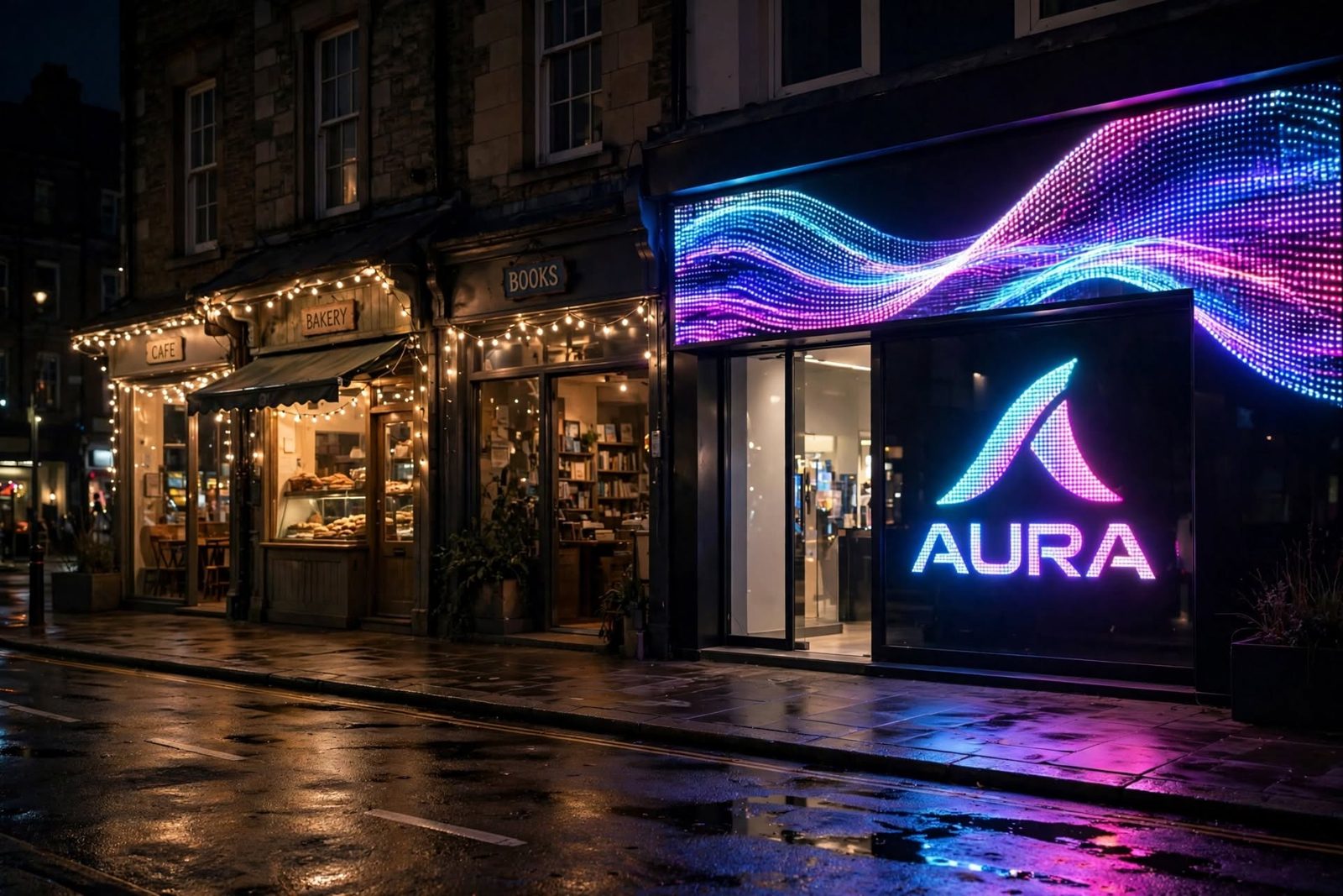 Pixel LED facade with a moving colour wave and logo beside string-lit shops