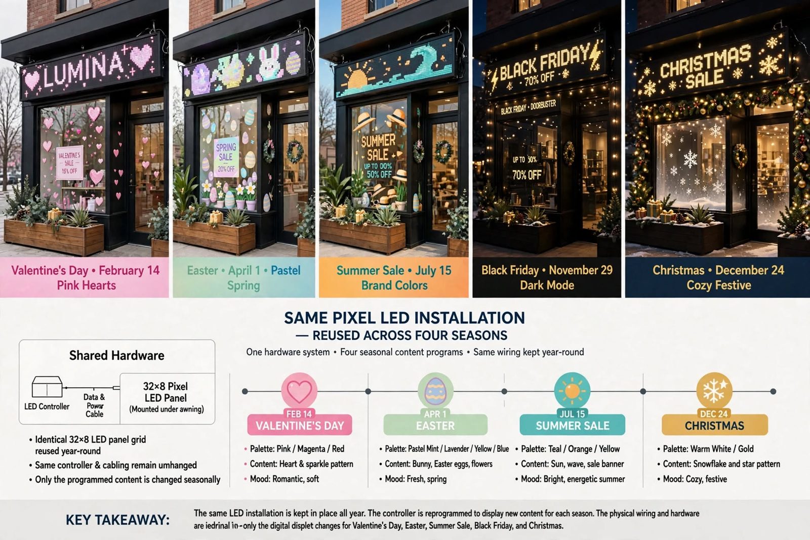 Same pixel LED shop window reused for Valentine’s Day, Easter, summer, Black Friday and Christmas