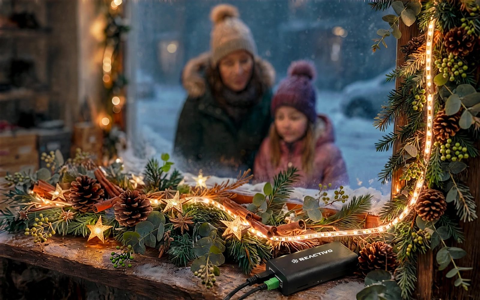 Reactivo 2 controller on a Christmas shop window sill driving a pixel LED strip