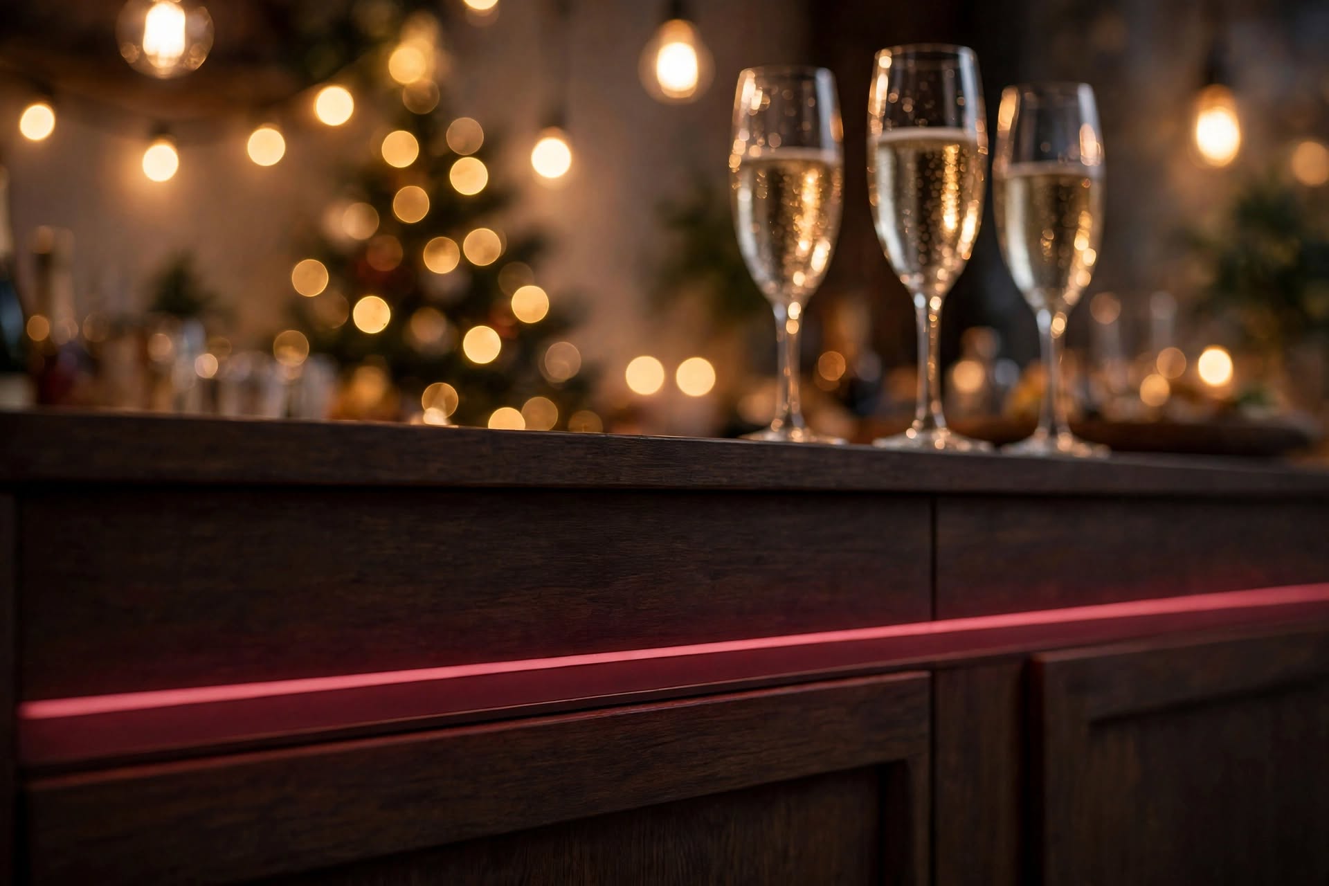 Continuous red line of COB LED strip along a bar front, champagne glasses on top