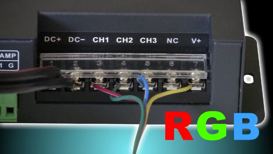 DMX decoder terminal block wired for RGB, channels 1-3