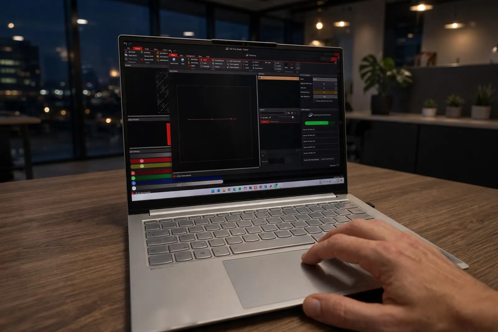 Laptop running LED Strip Studio mapping view while searching for Art-Net devices