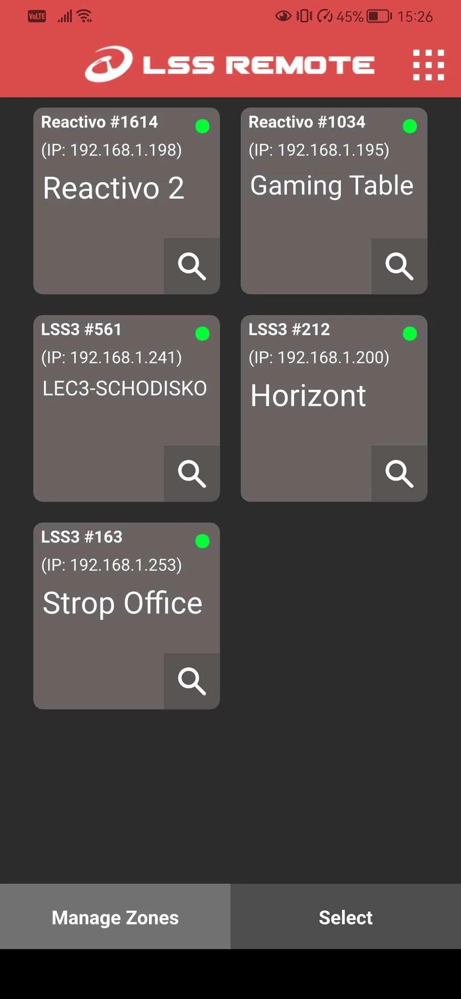 LSS Remote app listing LED controllers and zones on the local network