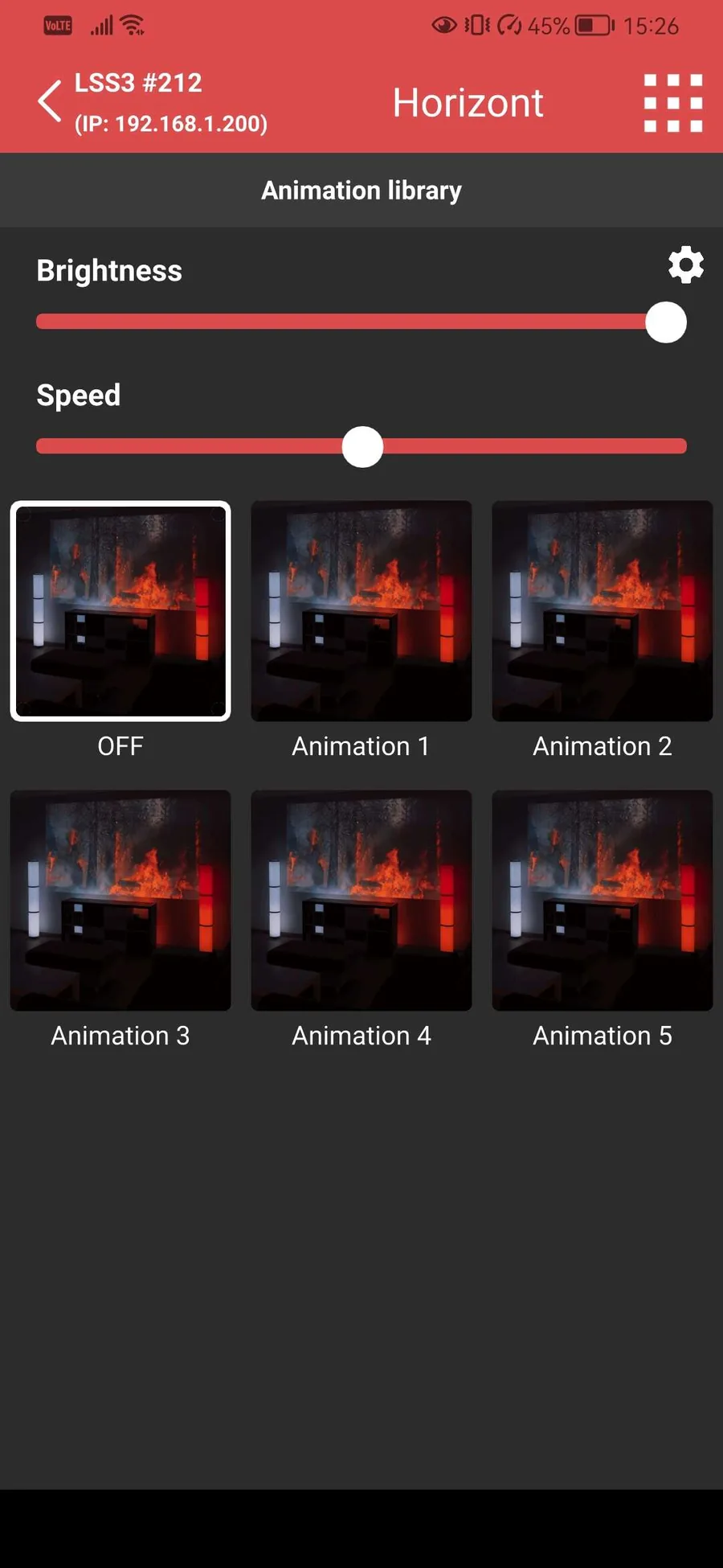 LSS Remote app changing brightness and speed on an LEC3 controller