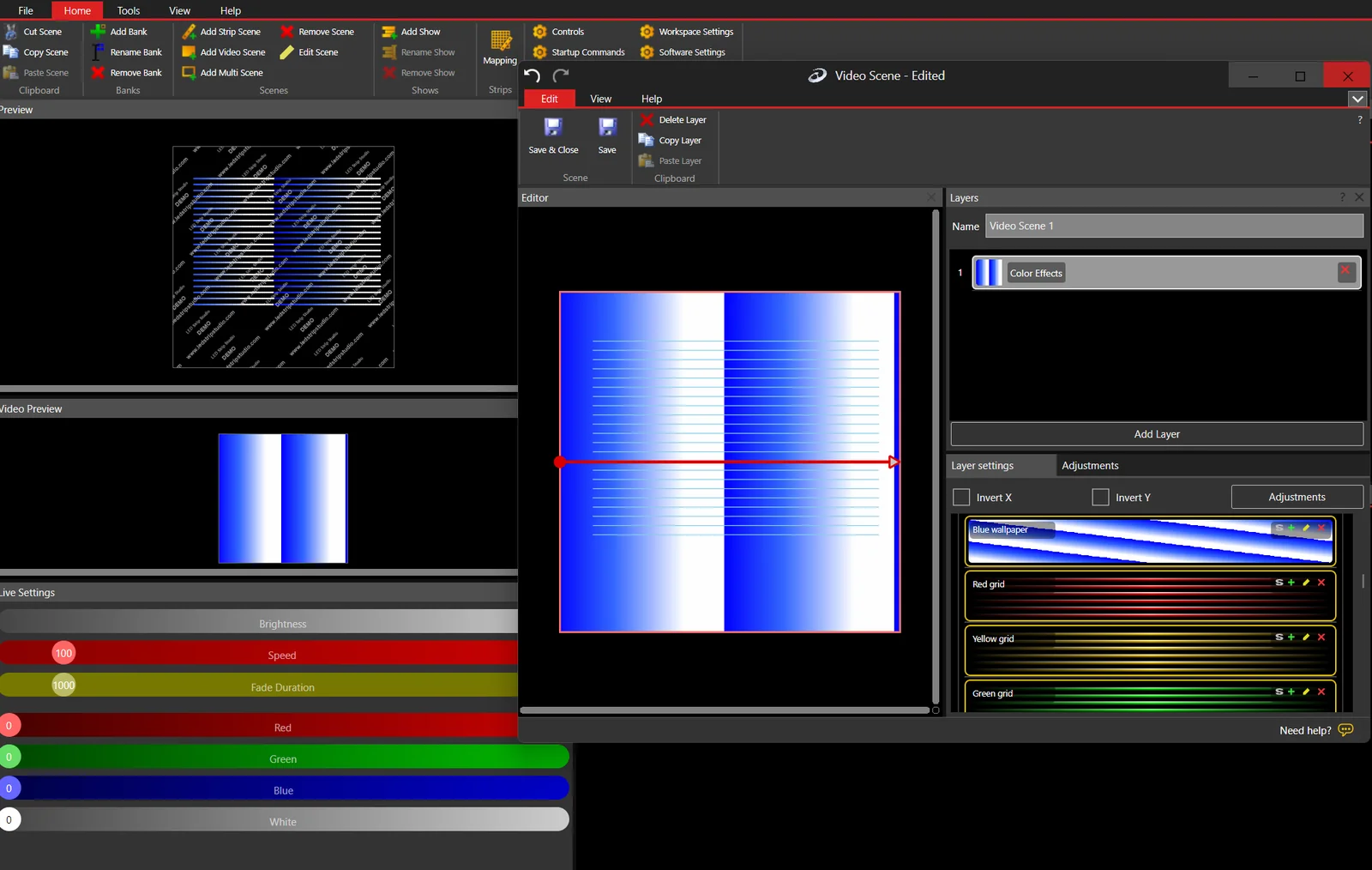 LED Strip Studio 4 video scene editor applying a blue colour effect to a strip