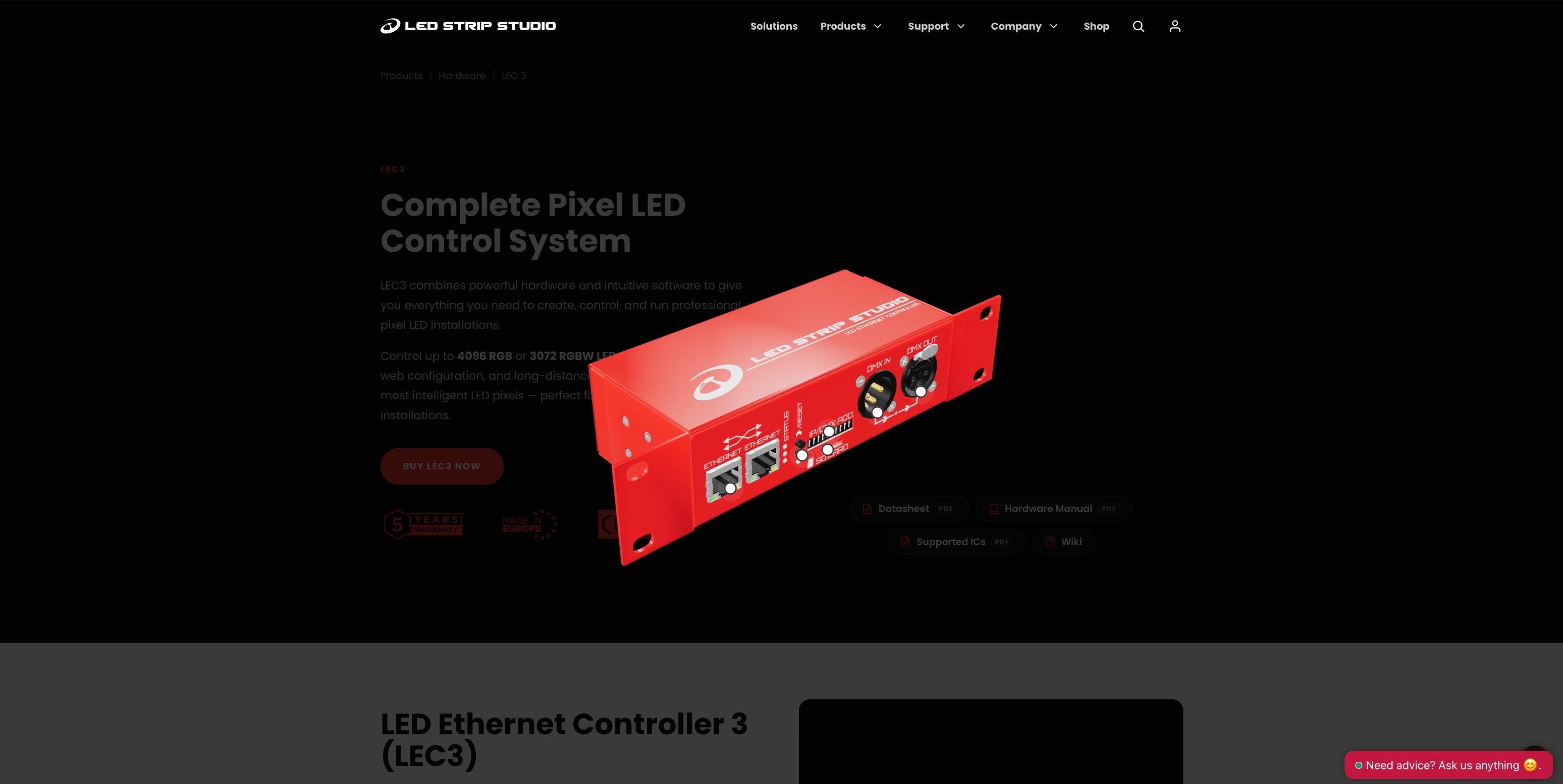Interactive 3D preview of the LEC3 controller with clickable points on its connectors