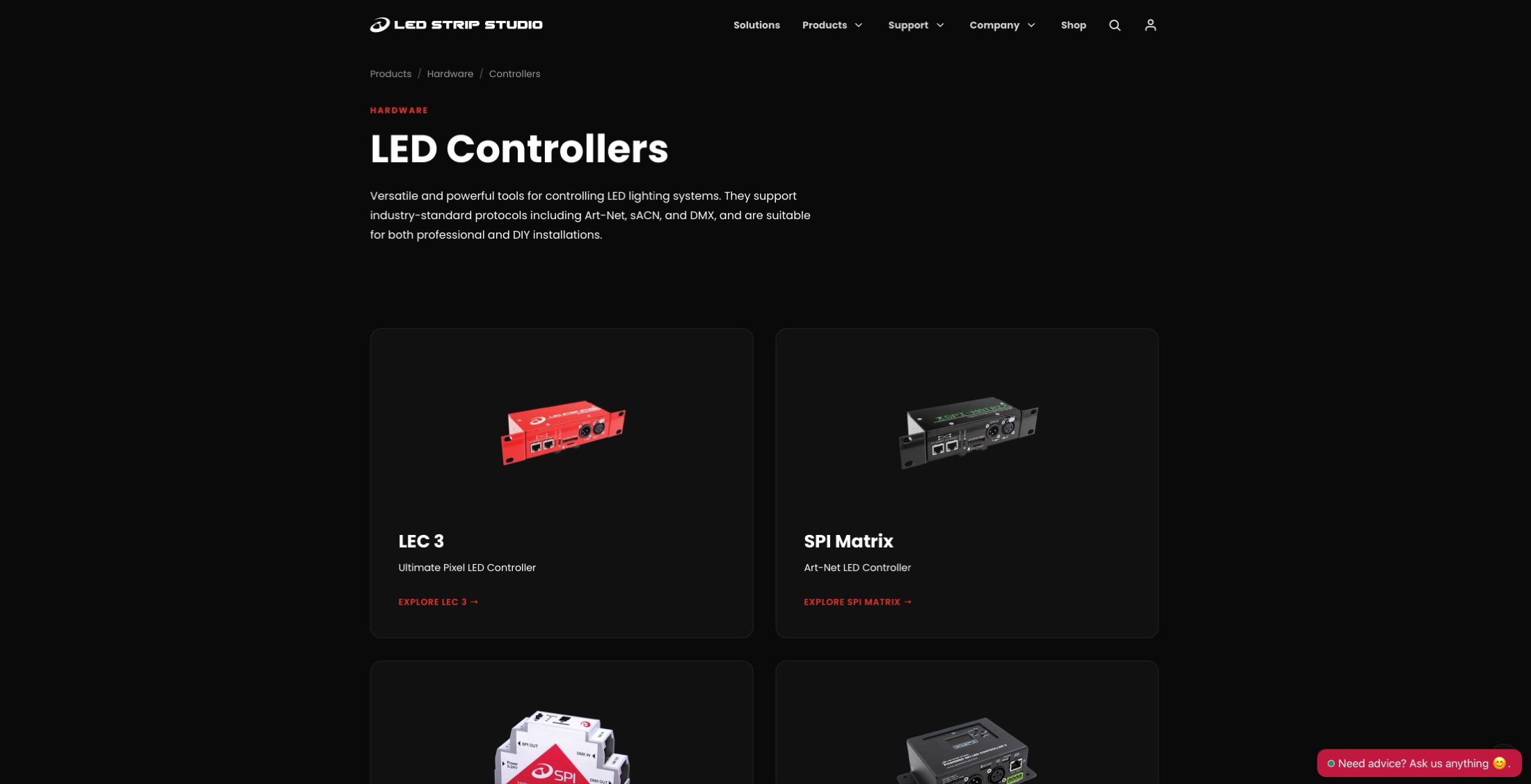 LED Controllers page of the new website with LEC3 and SPI Matrix product cards