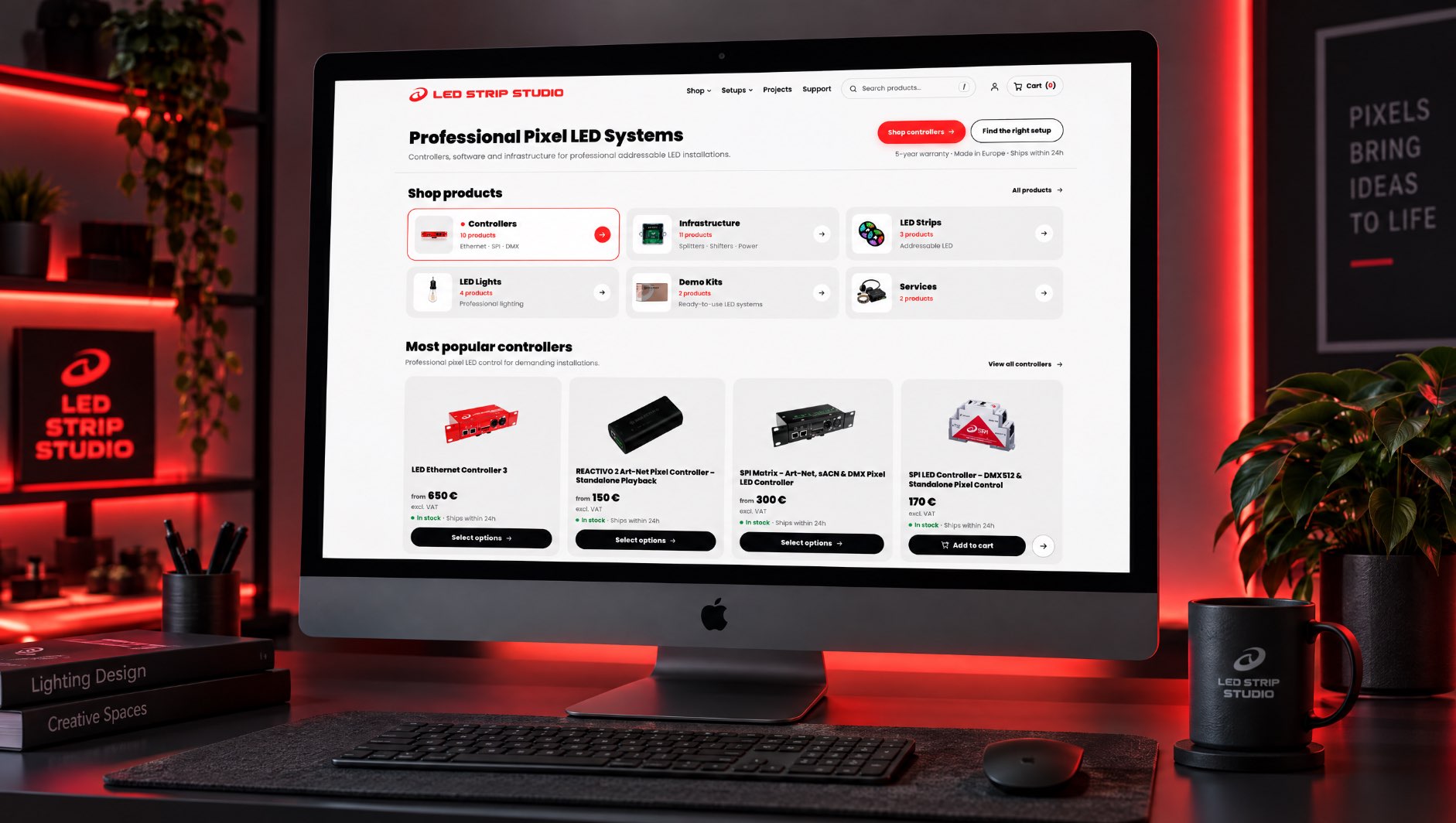 LED Strip Studio e-shop with product groups and the most popular controllers, shown on an iMac