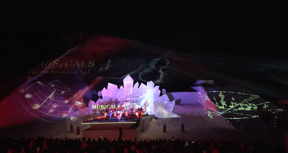Aerial drone view of the illuminated Alpine stage at Serfaus-Fiss-Ladis