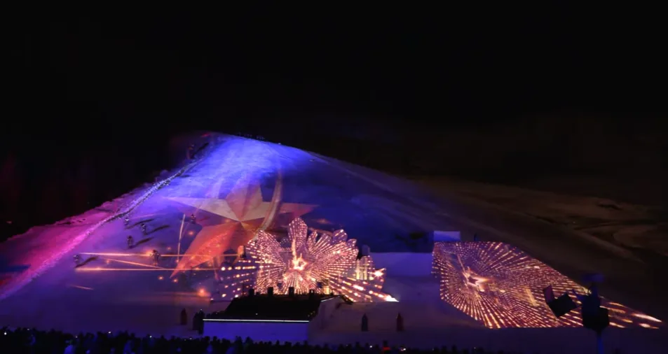 Outdoor pixel LED stage with illuminated crystals at 2000 m in the Austrian Alps