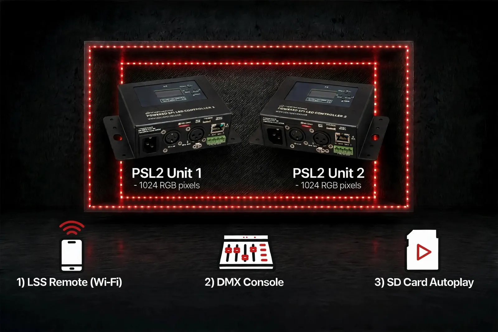 Two PSL2 units in a pixel LED frame controlled by app, DMX and SD card