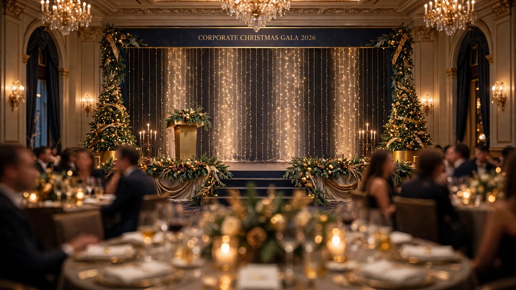 Christmas gala ballroom with the fairy light curtain dimmed low
