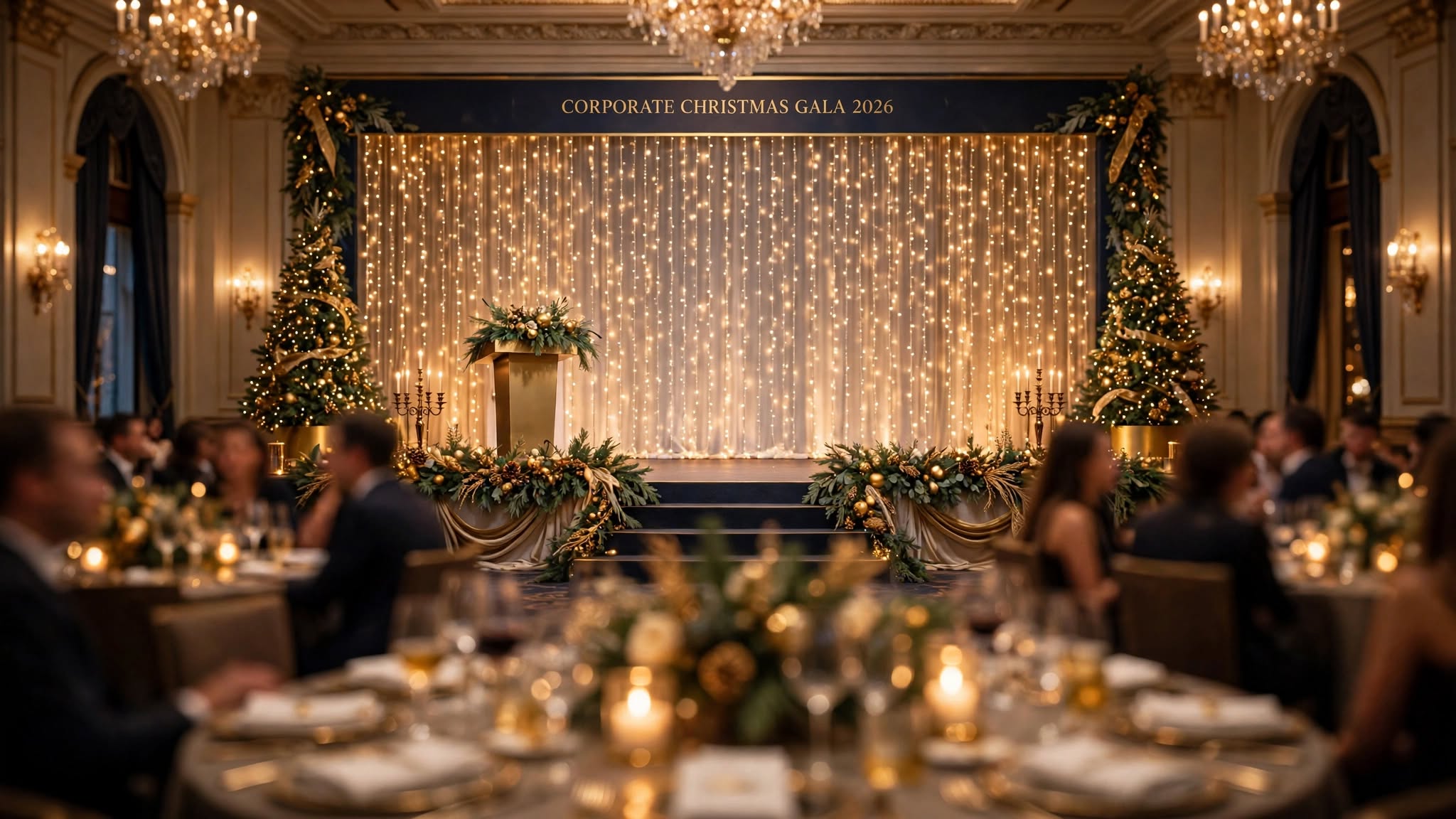 Same gala ballroom with the fairy light curtain at full brightness