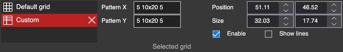 Custom pattern grid settings with Pattern X and Pattern Y fields