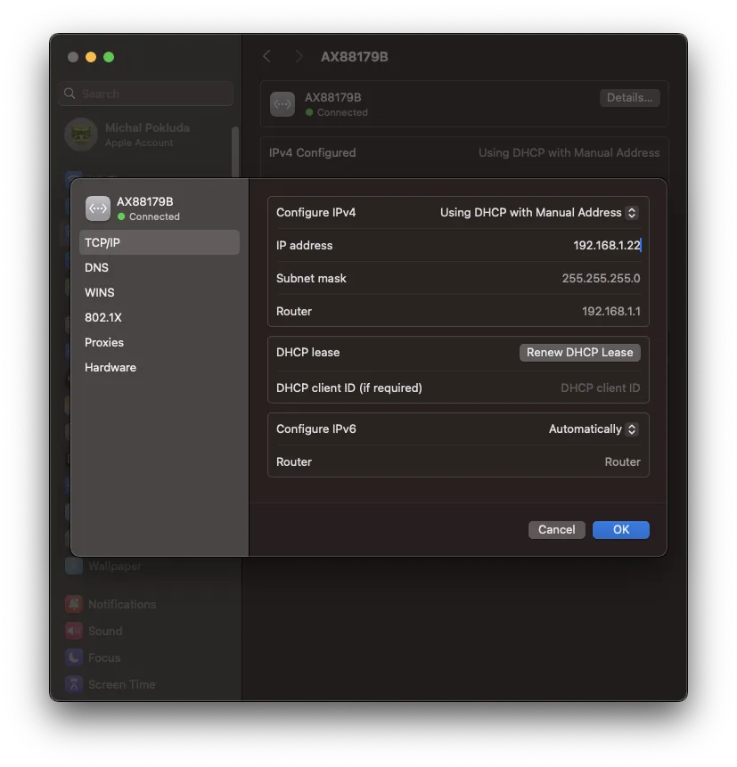 macOS Network settings showing static IP configuration for a LED controller Ethernet adapter