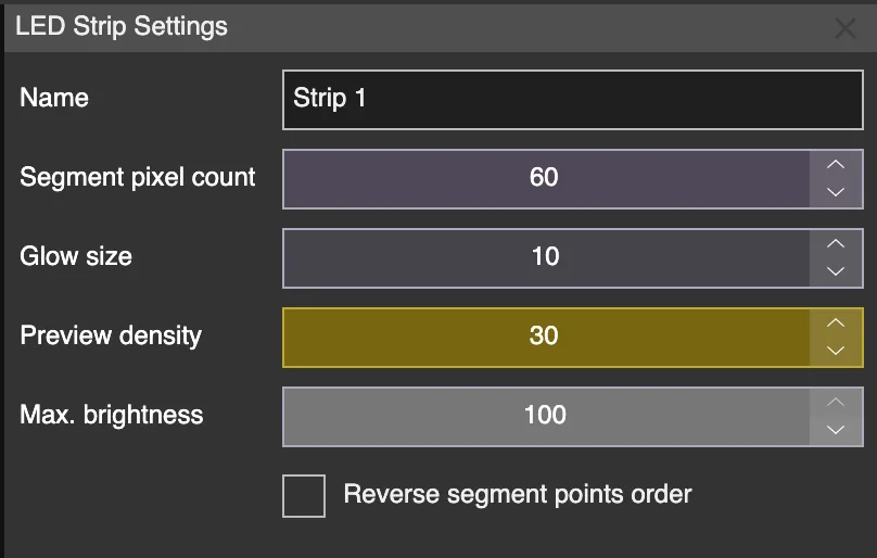 LED Strip Settings panel showing pixel count and preview density