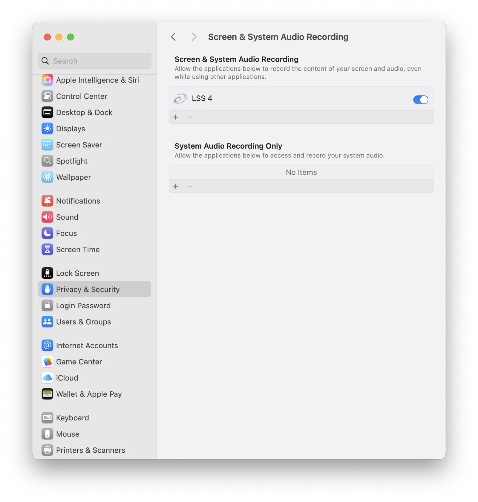 macOS Privacy and Security settings with Screen and System Audio Recording enabled for LSS4
