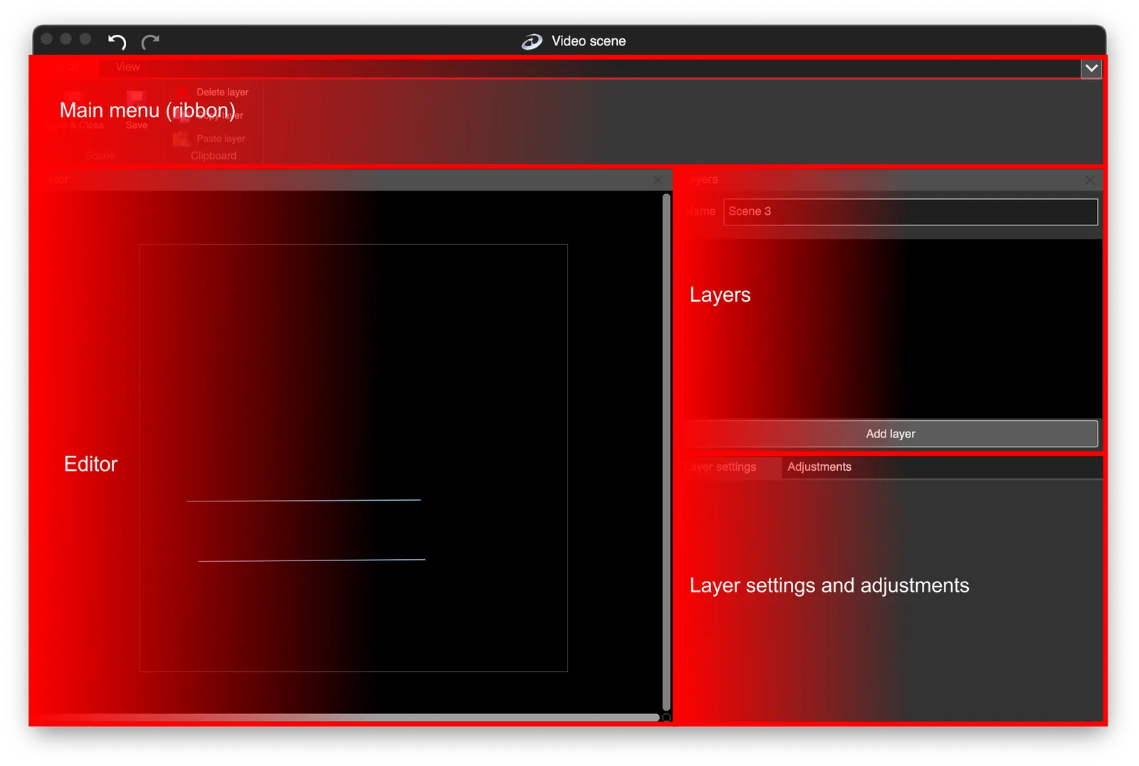 Annotated LSS4 video scene window showing the main menu, editor, layers, and layer settings panels