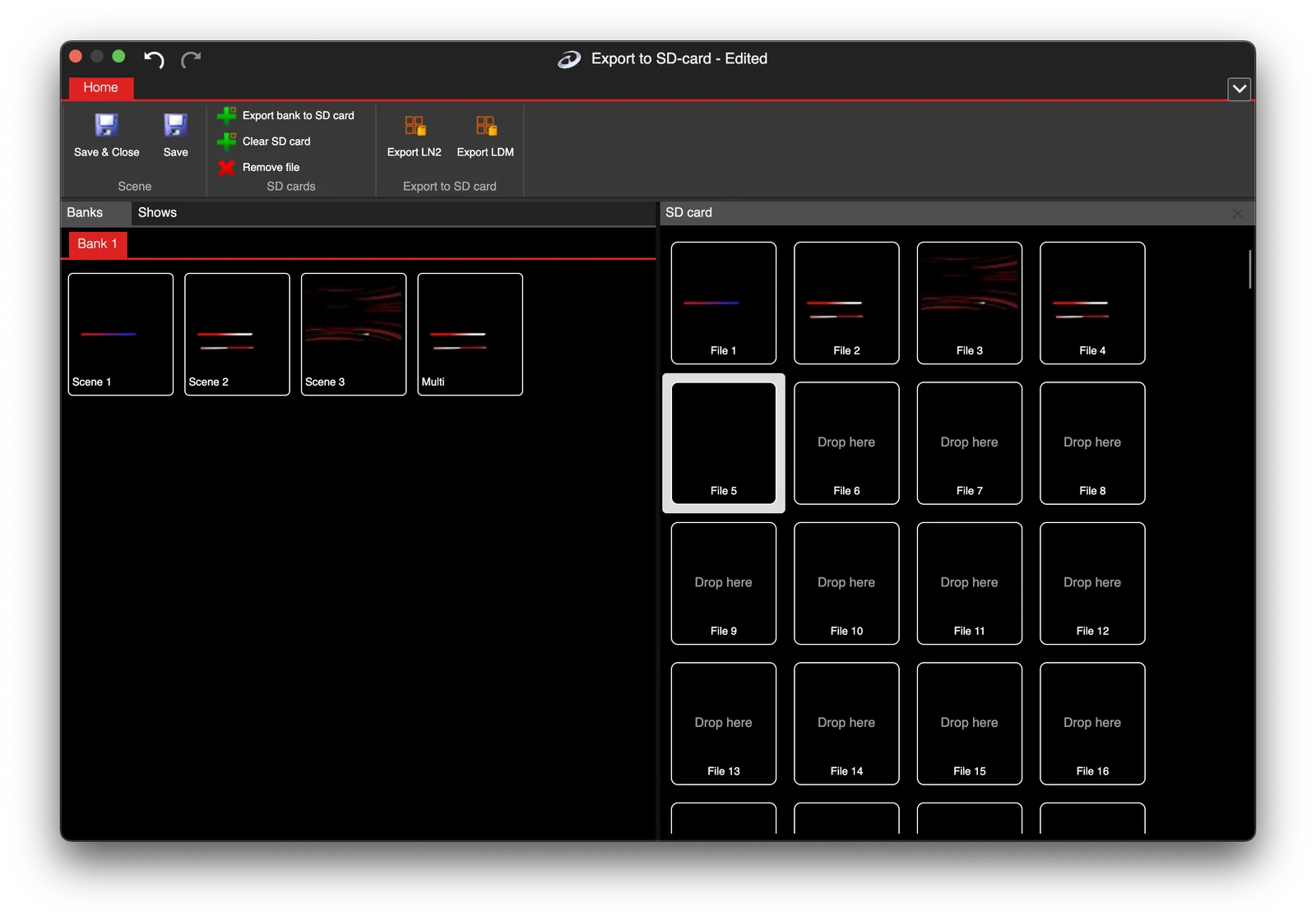 LSS4 SD card editor with scene banks on the left and 255 animation slot positions on the right