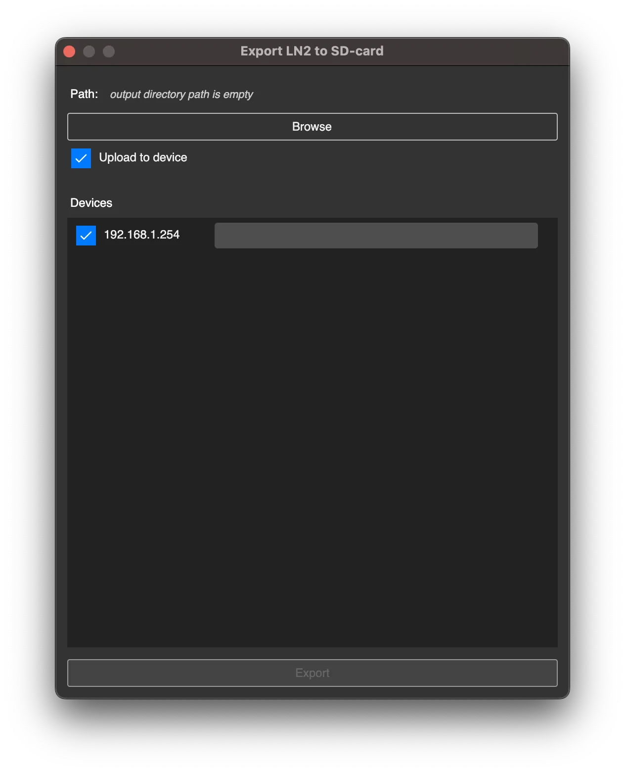 Export LN2 to SD-card dialog with device selection and upload options