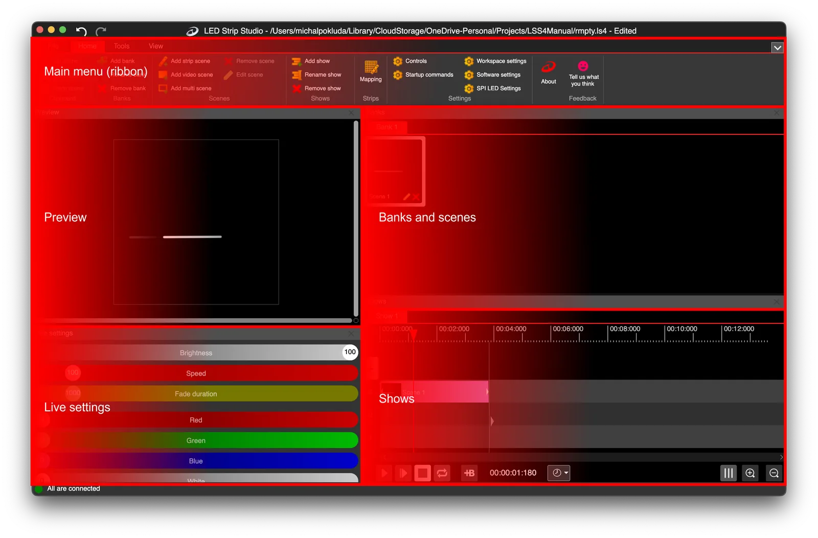 LED Strip Studio 4 interface with the main menu, preview, banks and scenes, live settings, and shows panels labeled