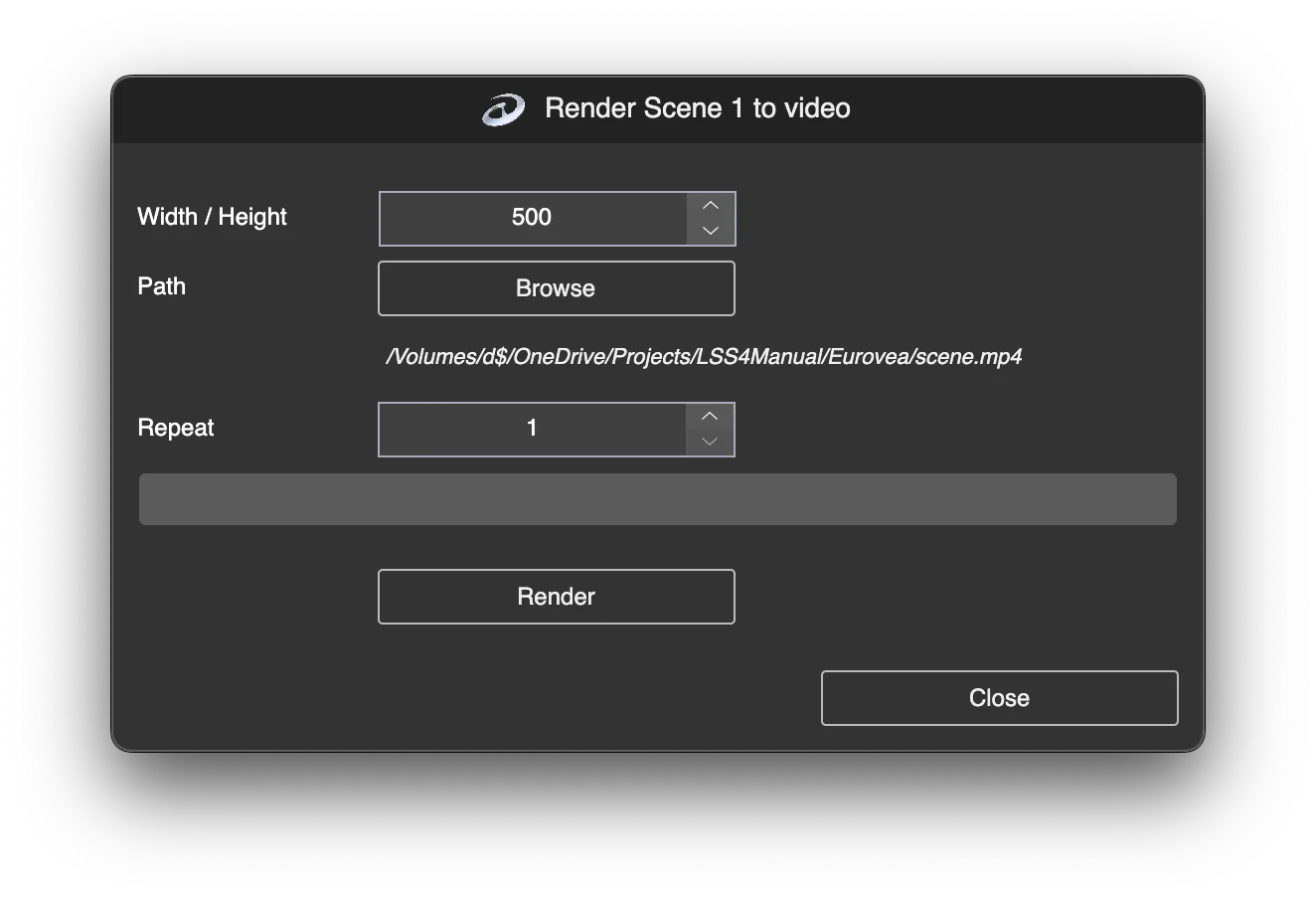 Render Scene to video dialog with width, height, path, and repeat settings