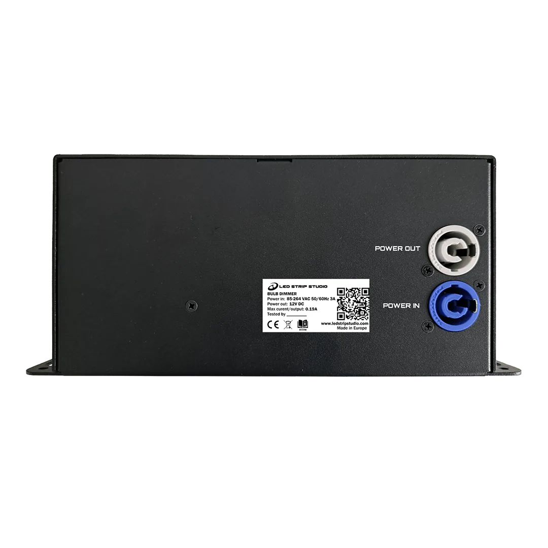 Powered Bulb Dimmer rear panel with PowerCON power in/out connectors