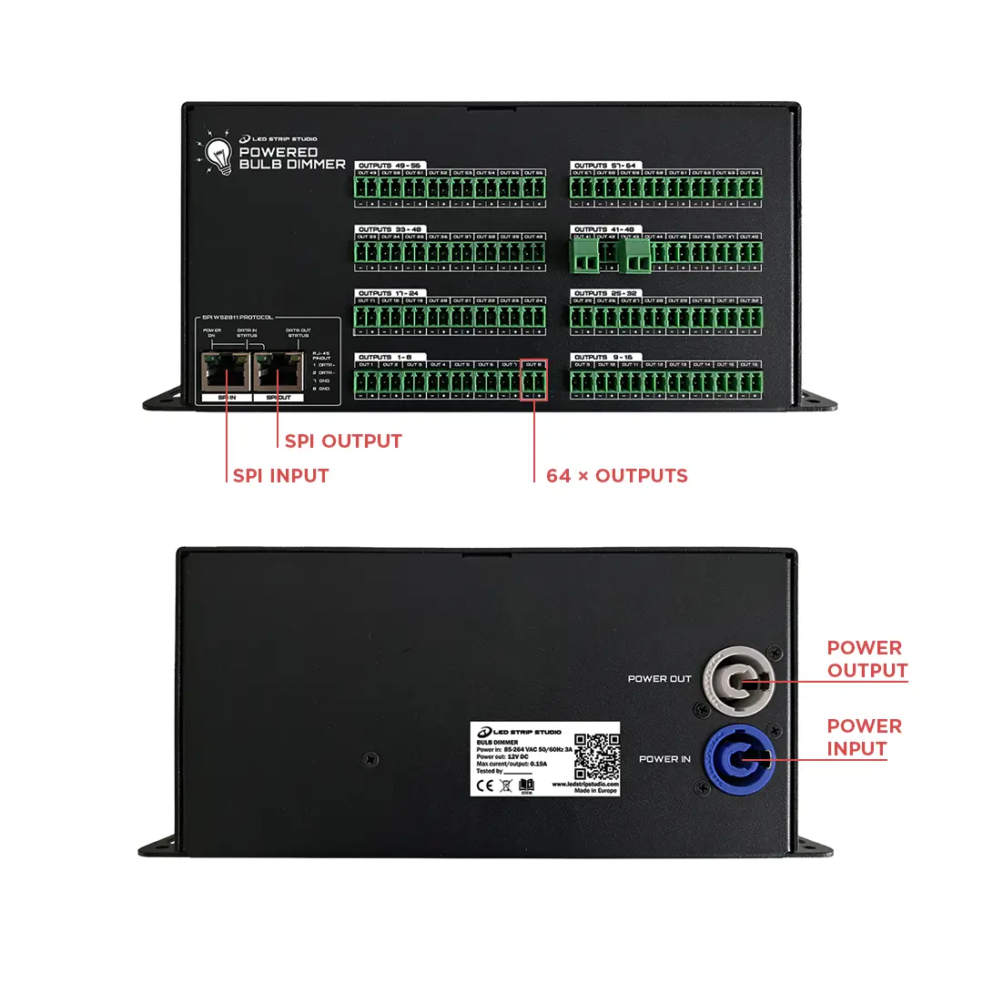 Powered Bulb Dimmer connection diagram — SPI in/out and power in/out