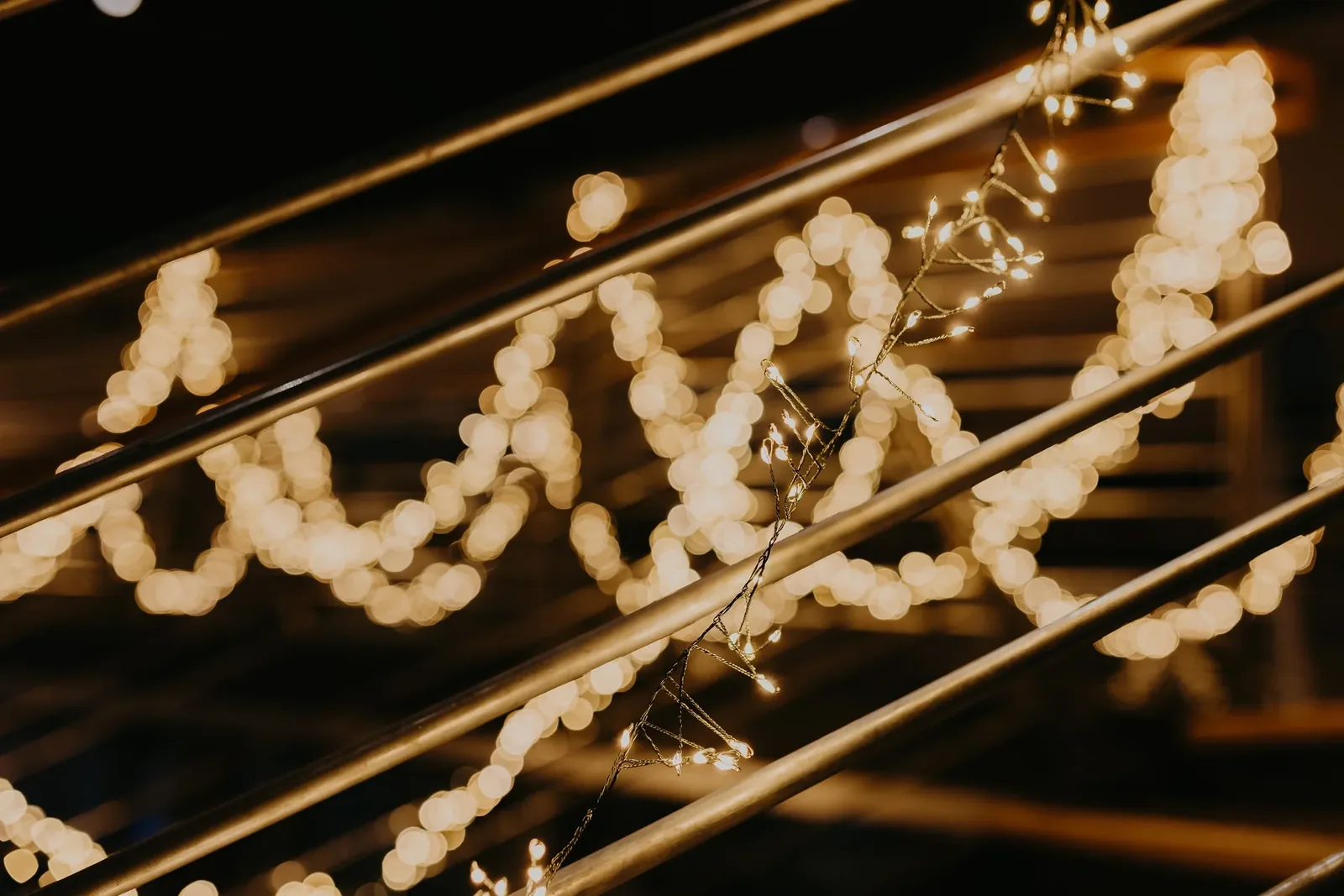Close-up of warm white dimmable festoon lights on the railing of a wedding venue