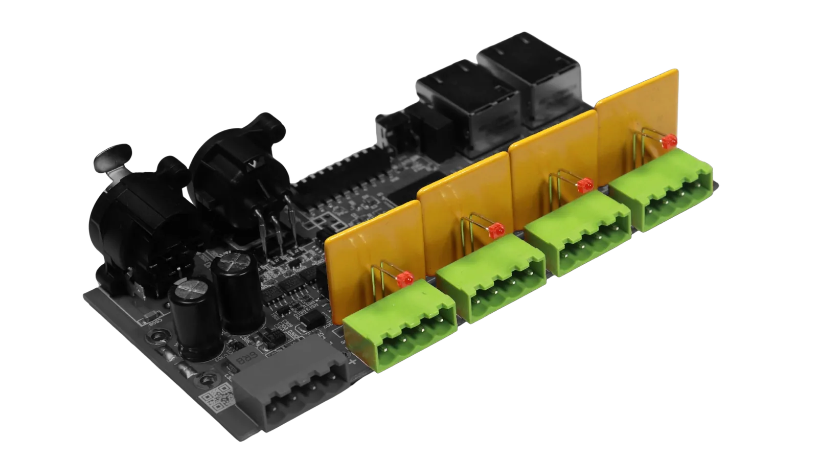 LEC3 board from the SPI output side, a self-resetting fuse beside each output