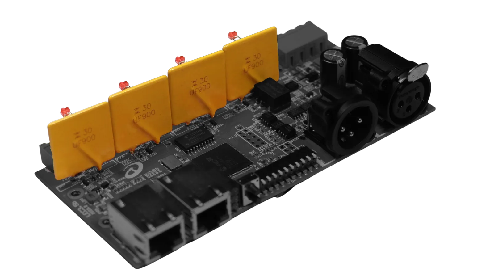 LEC3 board from the Ethernet and DMX side, showing the same row of fuses