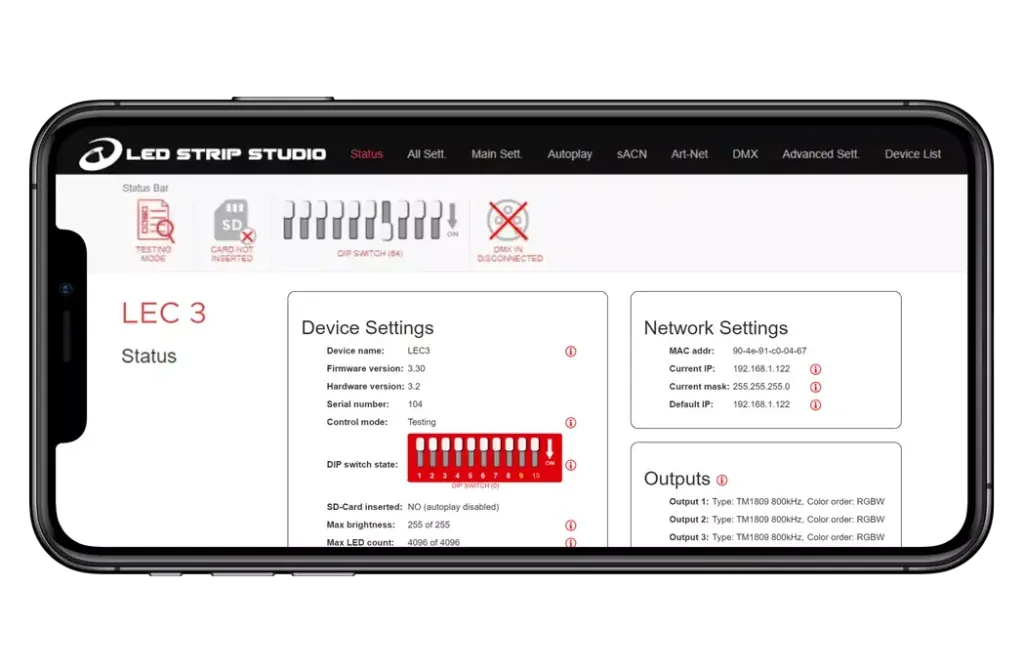 LEC3 web configuration opened on a mobile phone