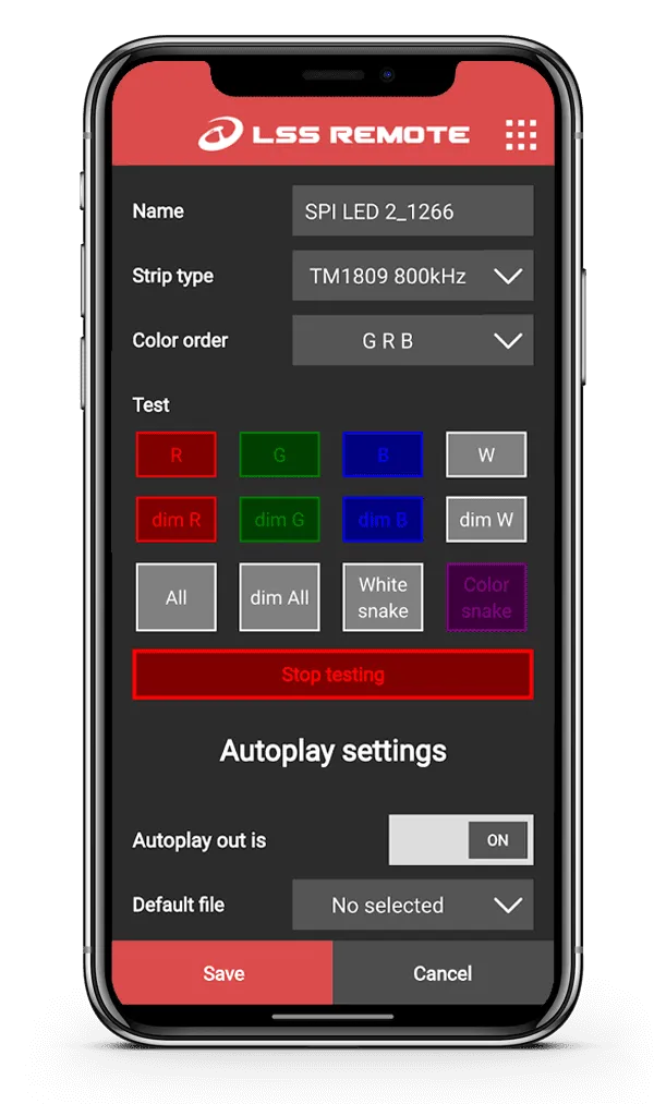 LSS Remote app showing device settings for an addressable LED controller