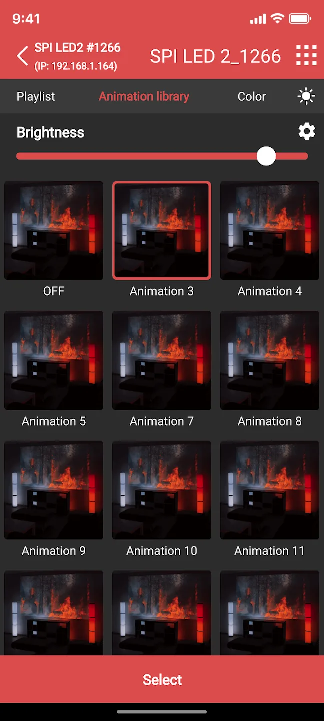 LSS Remote animation library screen with a grid of LED effect previews