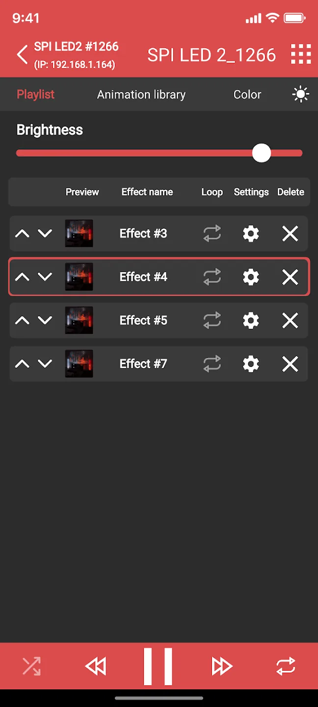 LSS Remote playlist screen with a queue of LED animation effects