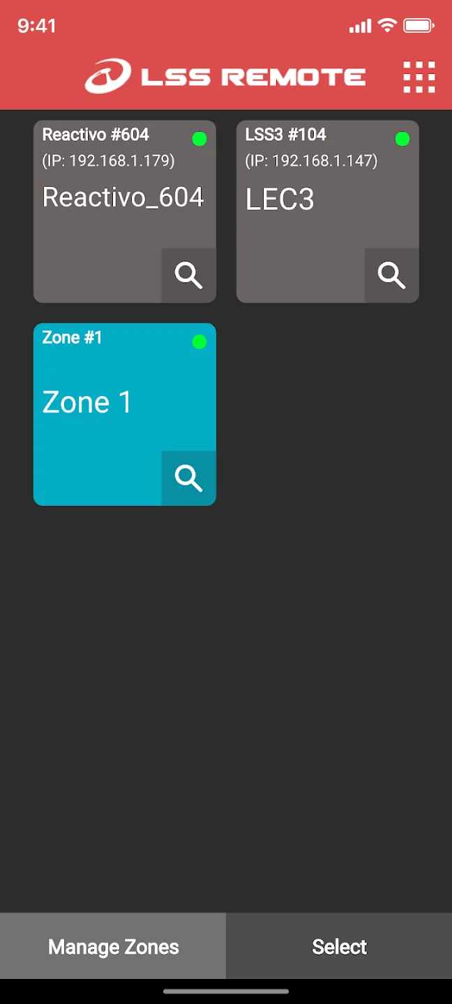 LSS Remote zones screen for grouping multiple LED controllers