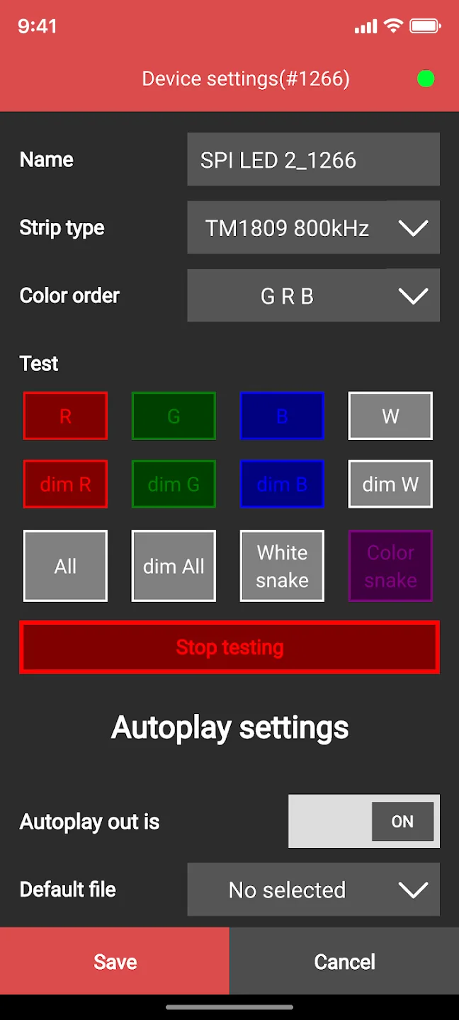 LSS Remote device settings screen with strip type, color order, and autoplay options