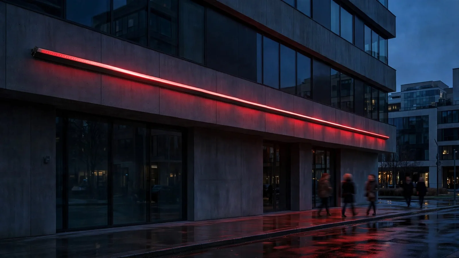 Continuous red ProfiLED line running along a concrete building facade at dusk
