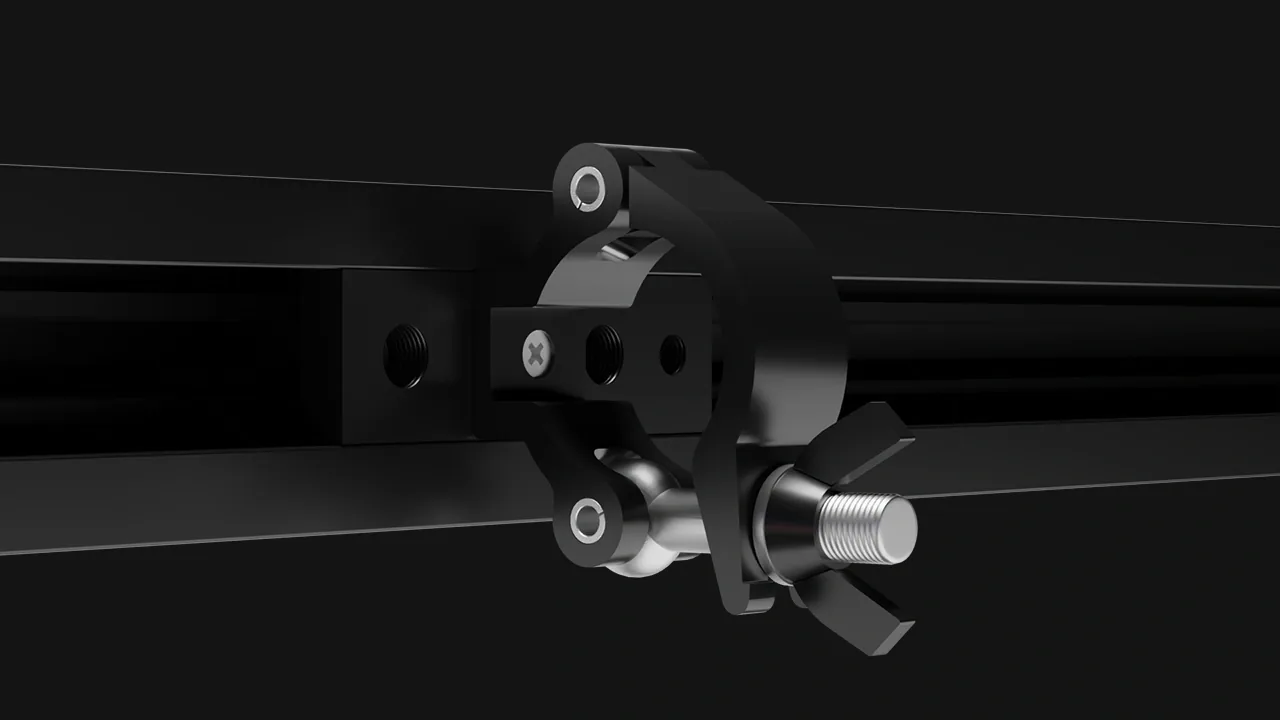 ProfiLED bar mounted to truss with a standard clamp