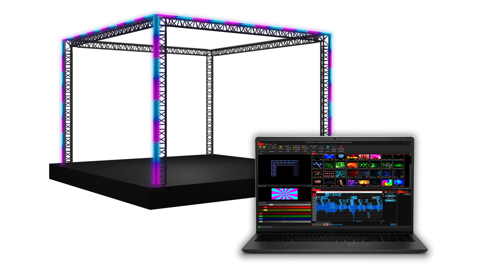 ProfiLED bars lighting a stage set, bright enough to appear on camera