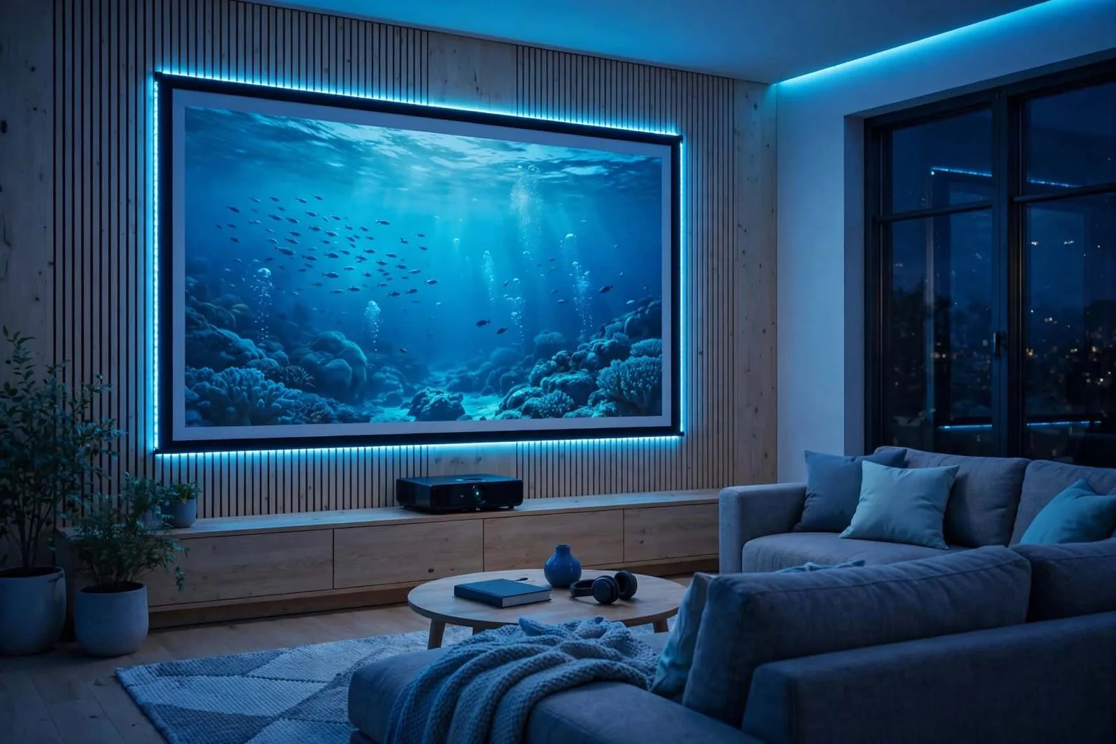 Living room with blue pixel LED backlighting around a projector screen