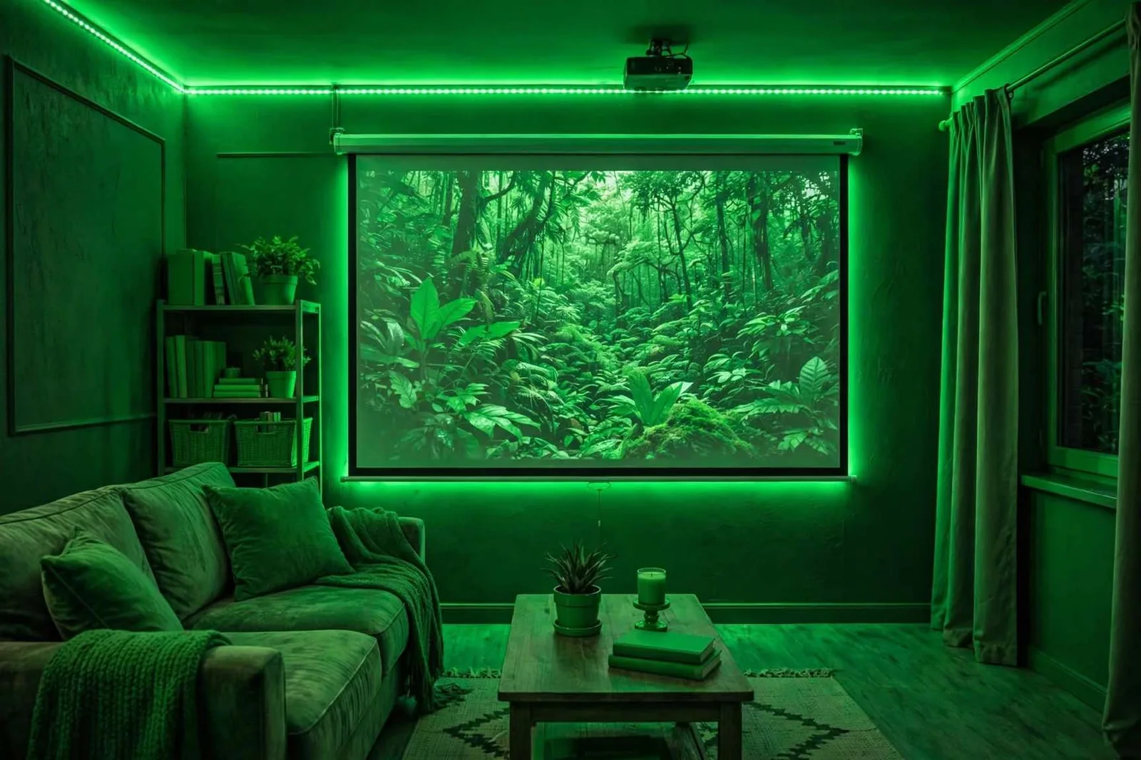 Living room washed in green pixel LED light along the ceiling