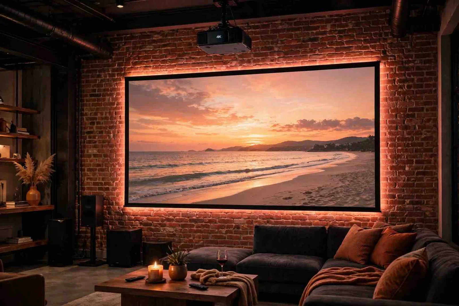 Home cinema wall with warm pixel LED light behind the screen