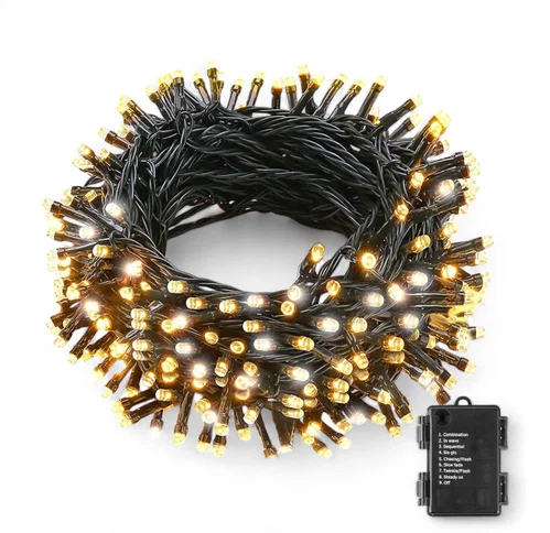 Coiled warm white Christmas light string with its eight-mode blink controller box