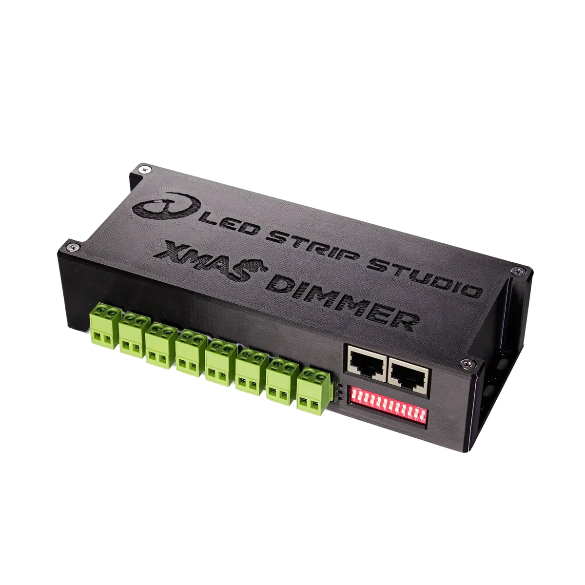 Xmas Dimmer DMX controller with eight outputs, two RJ-45 ports and an address DIP switch