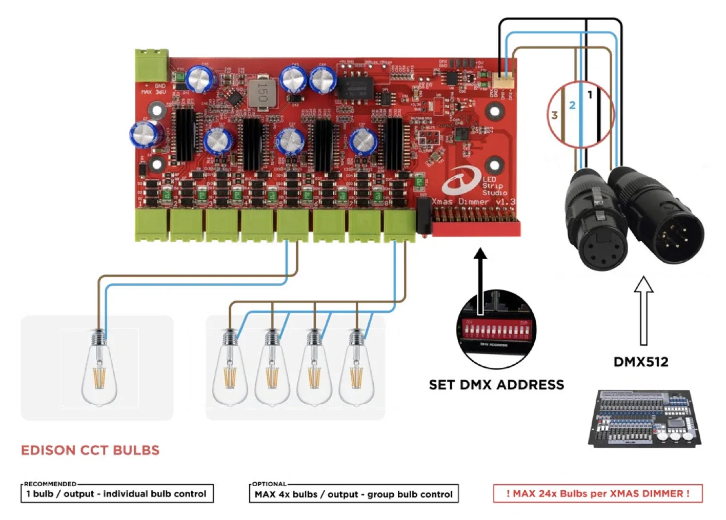 Connection scheme of Xmas Dimmer with Edison CCT bulbs, one or four bulbs per output
