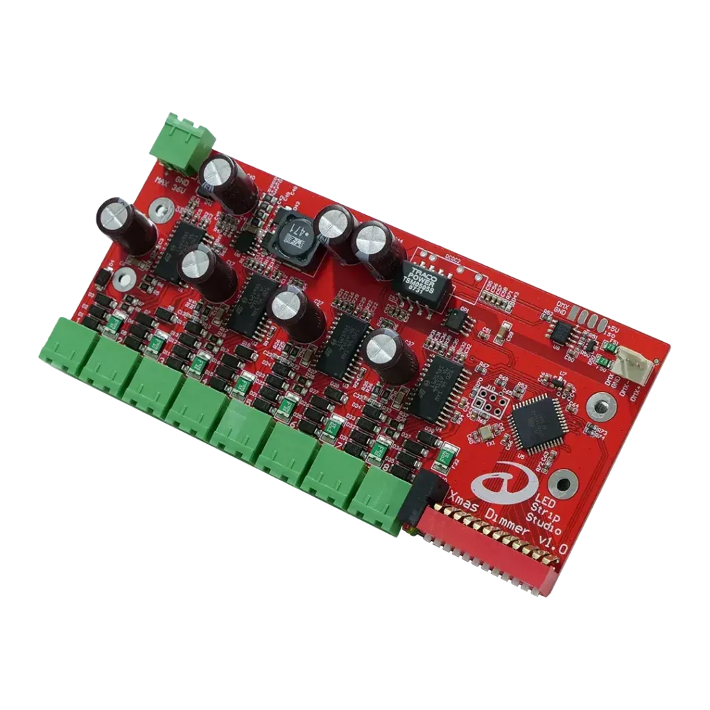 Xmas Dimmer circuit board with 8 output terminals and DMX address switch