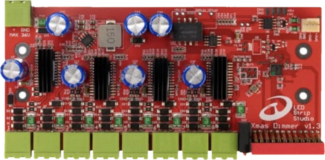 Top view of the Xmas Dimmer board with 8 outputs and their resettable fuses